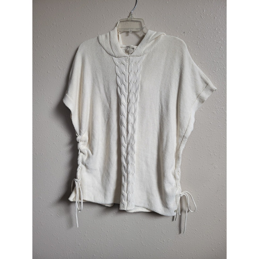 Pure Hand Knit 100% Cotton Pullover Cream Ivory Hooded Poncho Sweater Sz‎ M